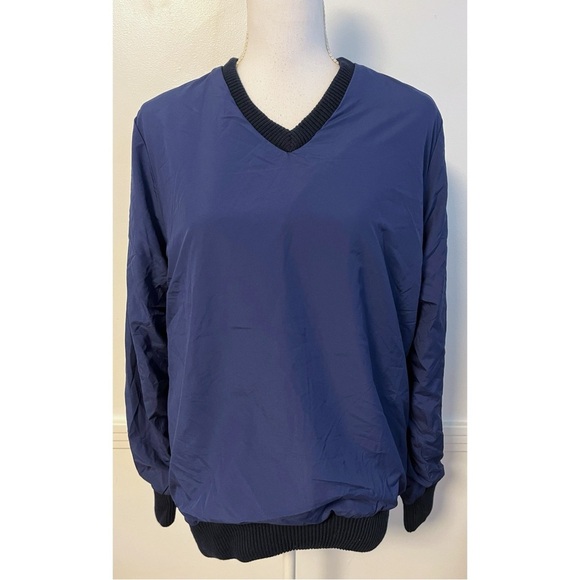 Navy Blue Yellow Striped Reversible Windbreaker/Sweater with White Zipper Side - Picture 2 of 6